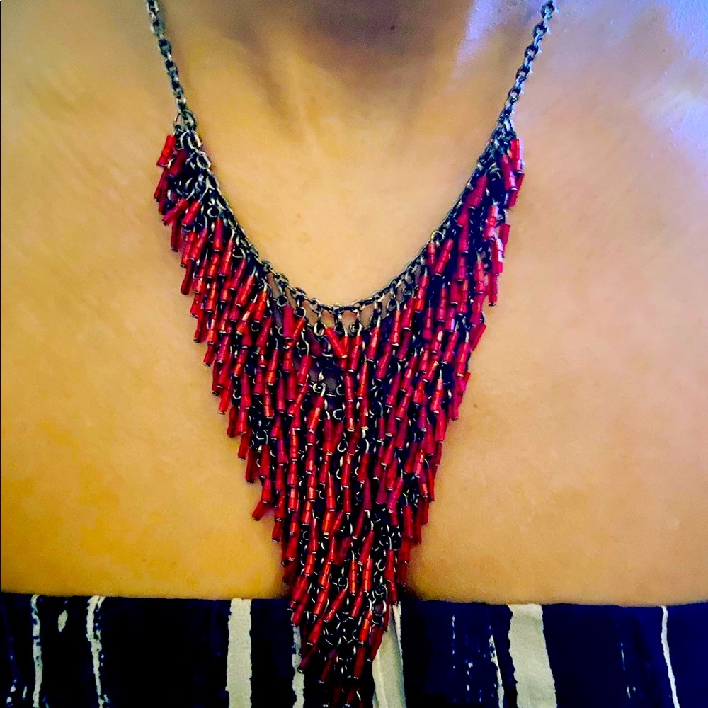 Red glass and medal 20’s style Mack lace